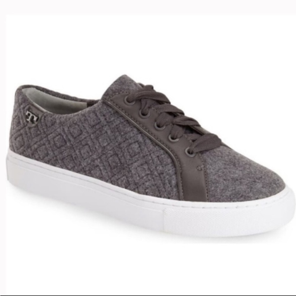 Tory Burch Marion Quilted Lace Up Sneakers in Dovestone Felt Grey